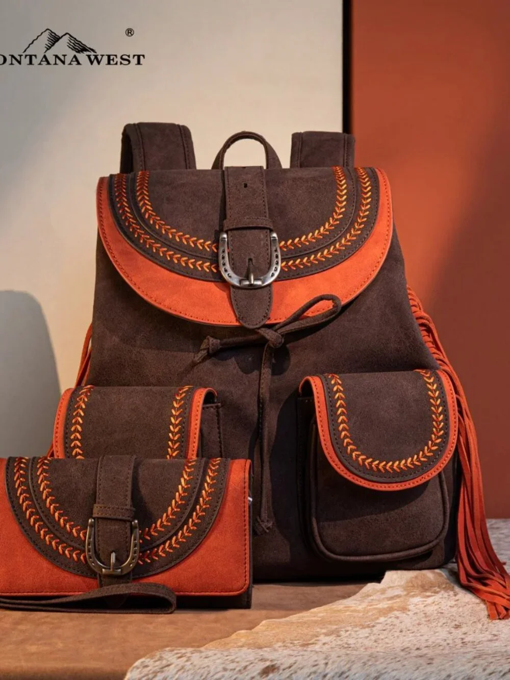 Montana West Fringe Buckle Collection Backpack Wallet Set - Coffee